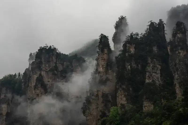 Misty forest and mountain scenery near Mount Qingcheng, Dujiangyan